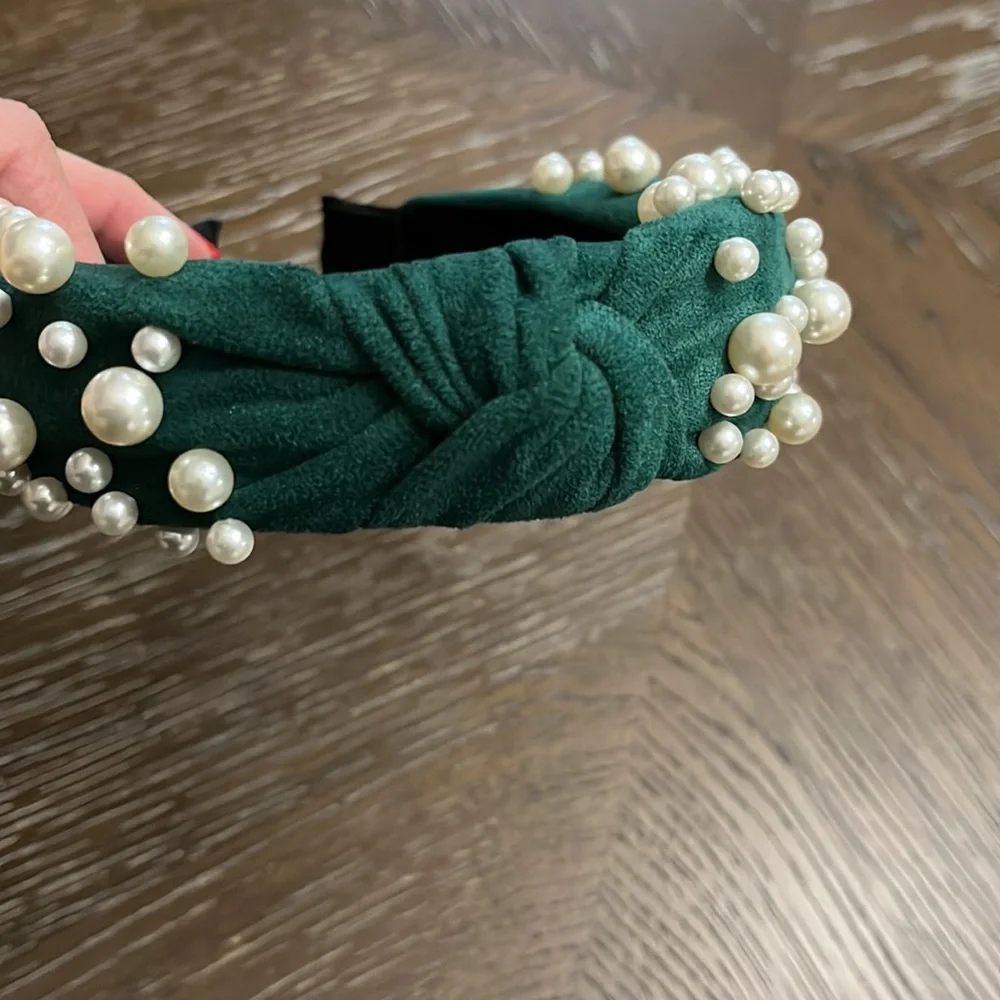 Green faux suede with pearls headband